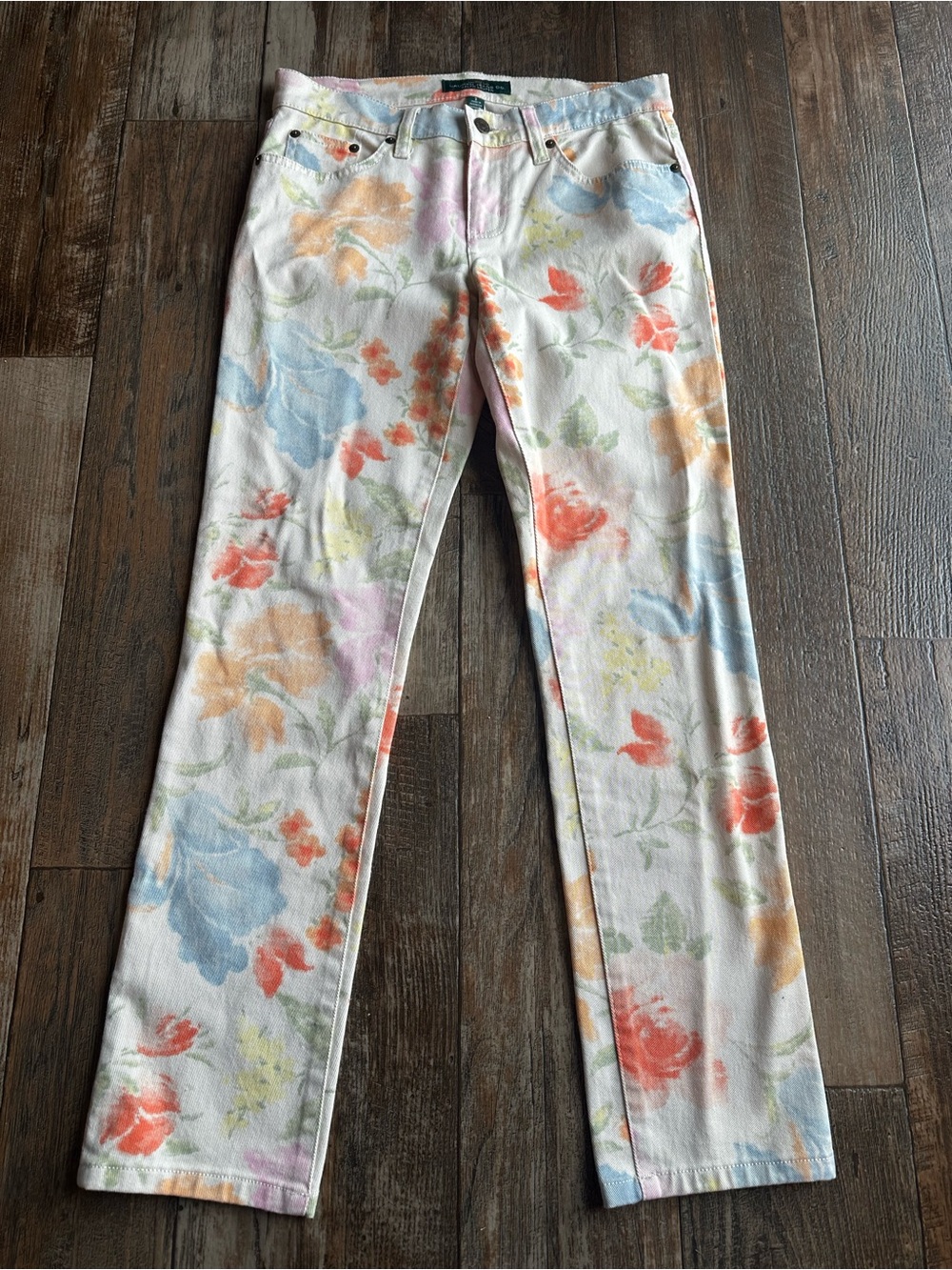 Lauren by Ralph Lauren Straight Floral Pastel Print Stretch Denim Jeans Womens 2